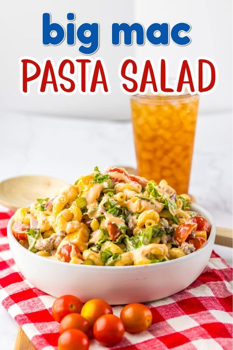 Big Mac Pasta Salad - Life With The Crust Cut Off Big Mac Pasta Salad Recipe, Big Mac Pasta Salad, Mac Pasta Salad, Big Mac Pasta, Mac Recipes, Favorite Pasta Salad, Mac Salad Recipe, Summer Side Dishes Recipes, Cheeseburger Pasta