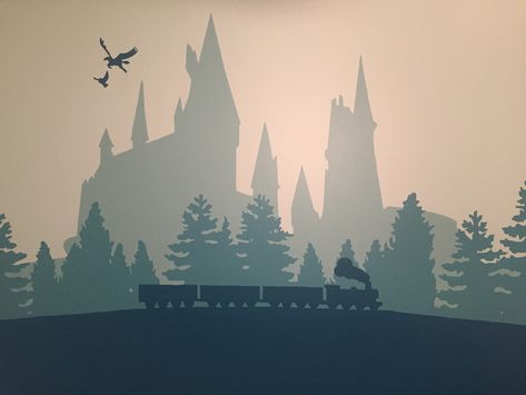 Harry Potter Nursery Mural - Hogwarts - Forbidden Forest - Hogwarts Express Harry Potter Nursery Theme, Harry Potter Wall Mural, Harry Potter Mural, Harry Potter Baby Nursery, Mural Nursery, Harry Potter Nursery, Harry Potter Room Decor, Harry Potter Classroom, Harry Potter Wall