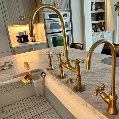 Antique Style, Unlacquered Solid Brass 8" Bridge Faucet, Vintage Kitchen Sink Faucet Farmhouse Faucet Kitchen, Unlacquered Brass Kitchen Faucet, Vintage Kitchen Sink, Farmhouse Faucet, Bridge Faucet Kitchen, Bridge Faucet, Faucet Kitchen, Brass Kitchen Faucet, Wall Mount Faucet