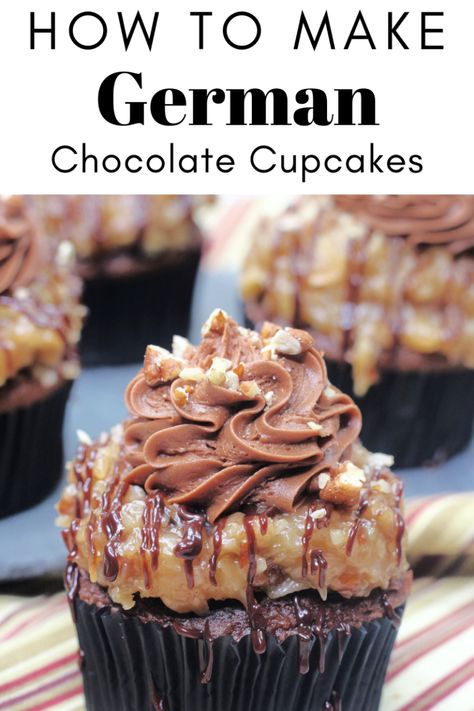 German Chocolate Cupcake Recipe, Elevated Dessert Recipes, Easter Flavor Cupcakes, German Chocolate Cake Ideas, Cakemix Cupcake Recipes, German Chocolate Cupcakes From Scratch, German Chocolate Cake Cupcakes, Jumbo Cupcake Decorating Ideas, Jumbo Cupcake Recipes