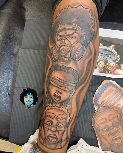 See Hear Speak No Evil Tattoo Ideas, Unique Arm Sleeve Tattoos, Hear No Evil See No Evil Speak No Evil Tattoo, Hear No Evil See No Evil Tattoo Women, Tattoo Sketches Unique Men, Black Excellence Tattoo, See No Evil Speak No Evil Tattoo, Unique Half Sleeve Tattoos Men, Boondocks Tattoo Designs