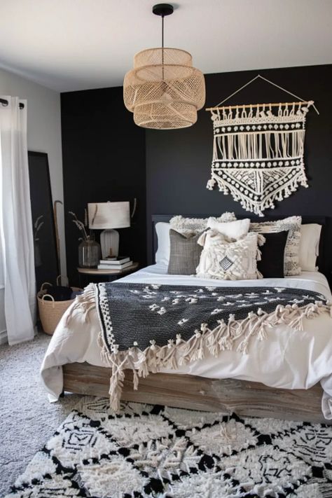 25 Black Boho Bedroom Ideas You Just Have to See - Bonsai Mary Black Boho Bedroom, Black Accent Wall Bedroom, Accents Walls, Black Accent Wall, Black Walls Bedroom, Black Feature Wall, Black Accent Walls, Iron Bed Frame, Boho Bedroom Ideas