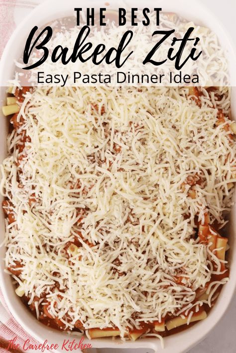 This Easy Baked Ziti with sour cream is a delicious, cozy Italian favorite, filled with homemade red sauce, ground beef, cheese, and basil. #thecarefreekitchen #pasta #dinner #bakedziti #italian #comfortfood Olive Garden 3 Cheese Ziti, Bakes Ziti With Ground Beef, Baked Ziti With Provolone Cheese, Baked Ziti With Ground Beef Sour Cream, Baked Ziti With Sour Cream And Provolone, Easy Baked Ziti With Ground Beef Simple, Easy Pasta With Ground Beef, Bakedziti Ziti Recipes, Baked Ziti Cottage Cheese