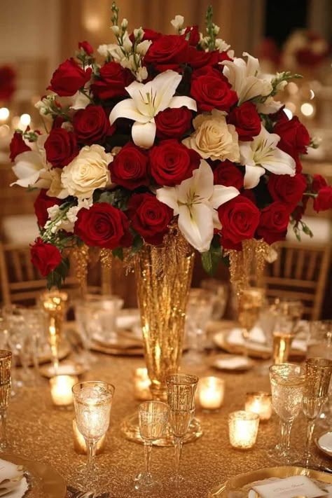 Fall Inspired Red Rose Centerpiece Wedding Decor Red And Gold, Red White And Gold Floral Arrangement, Red White And Rose Gold Wedding, Red Flower Decoration Wedding, White And Red Party Decorations, Wedding Decor Roses, Red Centerpieces Wedding, Red And Gold Wedding Decor, Red And Gold Wedding Decorations