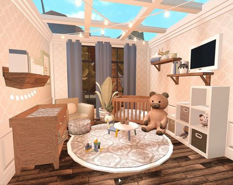 Baby Room Design Bloxburg, Cottage House Bloxburg Interior, Bathroom Wall Decals Bloxburg, Blocksberg House Ideas, Suburban Bedroom Bloxburg, Shelf Decor Bloxburg, Bloxburg Room Ideas No Advanced Placing, Coastal Nursery Bloxburg, Bloxburg Cute Room Ideas