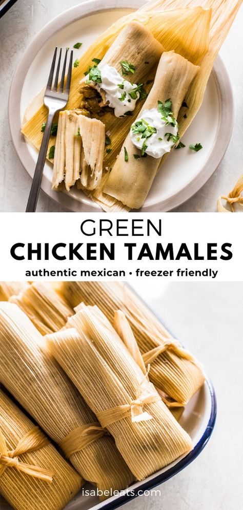 Chicken tamales made from an easy masa tamale dough and stuffed with tender pieces of chicken and green chile verde sauce. Great for serving a crowd or freezing and reheating for later! #tamales #chickentamales #glutenfree #mexicanfood Green Chili Chicken Tamales Recipes, Green Chicken Tamales, Chile Verde Sauce, Tamale Recipes, Authentic Tamales, Homemade Tamales Recipe, Isabel Eats, Tamales Recipe, Homemade Tamales