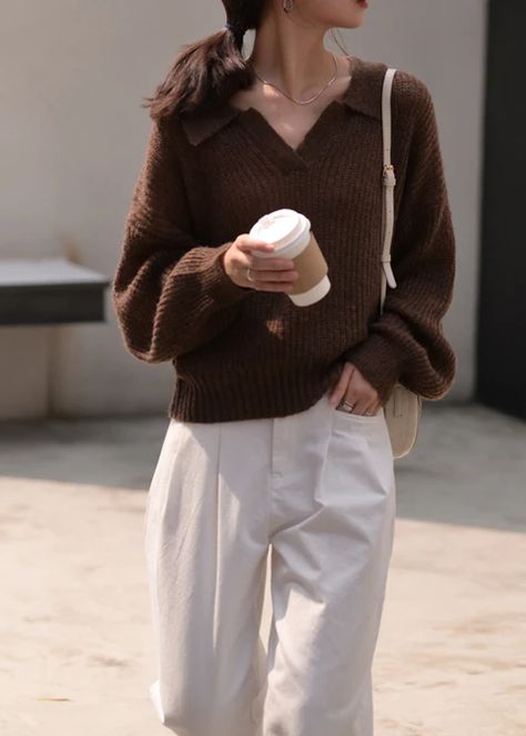 Winter chocolate knit sweat tops oversize v neck long sleeve sweater t – SooLinen Comfy Elegant Outfit, Fall Sweaters Aesthetic, Cold Date Night Outfit, Old Money Sweater, Outdoor Fits, Chocolate Sweater, Winter Chocolate, Winter Outfit Aesthetic, Formal Sweater