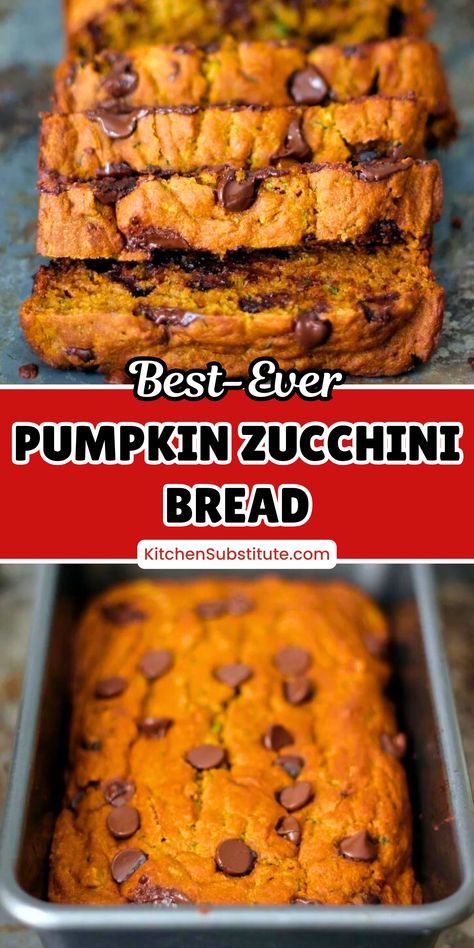 The image shows a loaf of pumpkin zucchini bread with chocolate chips, sliced to reveal its moist and rich texture, with a warm, golden-brown crust. Zucchini Fall Recipes, Zucchini Pumpkin Recipes, Zucchini And Pumpkin Recipes, Zucchini Chocolate Chip Bread Recipes Moist Easy, Pumpkin Zucchini Recipes, Zucchini Bread Chocolate Chip, Zucchini Healthy Recipes, Pumpkin Zucchini Bread Recipes, Pumpkin Zucchini Bread Healthy