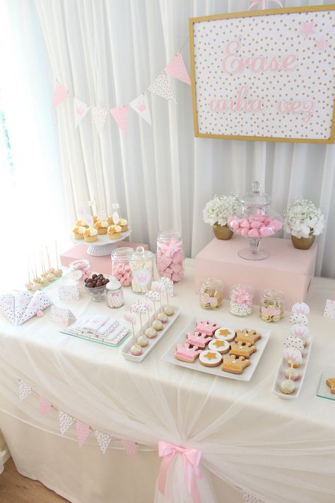 Once Upon A Time Princess Party Pink and Gold birthday party #pinkandgold #princessparty Bunny Theme, Fiesta Baby Shower, Princess Aurora, Candy Table, Princess Birthday Party, Sweet Table, Girl Shower, Baby Party, Princess Birthday