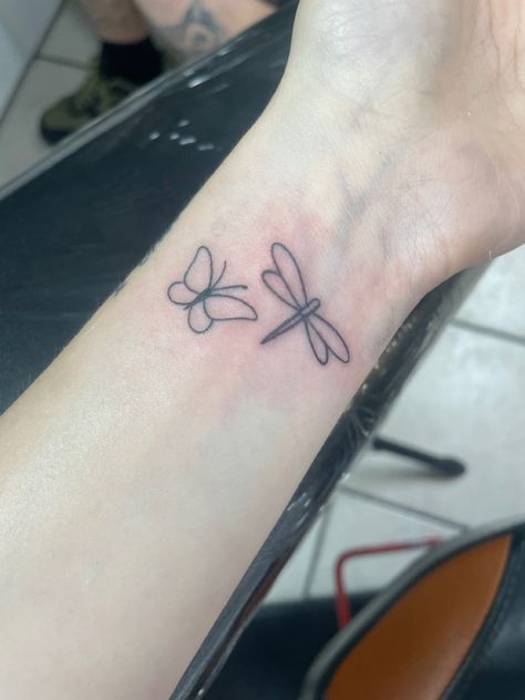 Dragonfly And Butterfly Tattoo Together, Dragon Fly And Butterfly Tattoo, Matching Dragonfly Tattoos, Dragonfly Butterfly Tattoo, Butterfly Dragonfly Tattoo, Butterfly And Dragonfly Tattoo, Dainty Ankle Tattoo, Dragonfly Tattoo For Women, Dainty Dragonfly Tattoo