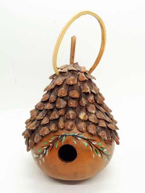 Gourd Art Birdhouse Pine Cone Petal Roof Hand Painted Leather Hanger Fairy Garde | eBay Cat Gourd, Gourds Diy, Leather Hanger, Fall Gourds, Hand Painted Birdhouses, Gorgeous Gourds, Gourds Birdhouse, Decorative Gourds, Hand Painted Gourds