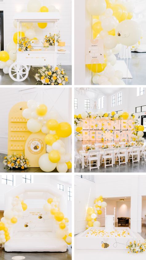 Bubble Bee Birthday Party, Bee Birthday Table Decor, Bee Birthday Theme Decoration, Bee Themed First Birthday Girl, First Birthday Table Setup, Bee Themed Birthday Party 1st, Yellow Themed Birthday Party, First Birthday Activities, Food Setup