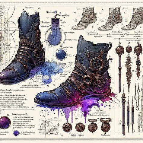 Page 117 - 120: "The Craft of Skillful Cobblers" My entry for @lunatopia._ 's Daily AI-art challenge for the 28:th of May: "shoes" 👠👞 #aiart #aiartwork #aiartcommunity #aisketch #aiconceptart #fantasy #fantasyart #fantasyitem #shoes #boots #heels #beastiary #fieldguide #lunatopiadailyai Dnd Boots Item, Dnd Boots, Rpg Items, Steel Boots, D D Items, Shoes Boots Heels, Purple Boots, Shoe Designs, Boots Heels