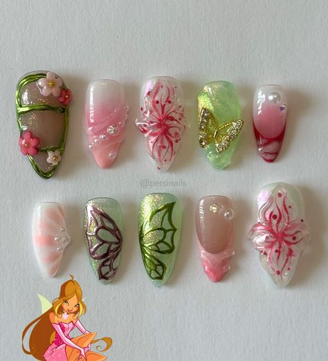 Poison Ivy Nails, Ivy Nails, Winx Flora, Green Wings, Im So Happy, Fantasy Nails, Cute Simple Nails, Green Nail Designs, Anime Nails