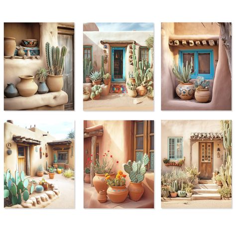 PRICES MAY VARY. ENJOY THE SOUTHWESTERN CHARM: Add a touch of southwestern charm to your home with these AI cactus wall art posters. These prints feature stunning front yards and windows of southwestern desert homes adorned with succulent plants and cacti in warm and neutral colors. They are perfect for creating a cozy and inviting atmosphere in any room. Note that these images have been GENERATED WITH AI. BOTANICAL DESERT MAGIC FOR YOUR HOME : Versatile and easy to display, these posters can fi Desert Inspired Bedroom, Classroom Neutral, Mexican Hacienda Decor, Southwestern Dinnerware, Southwestern Homes, Desert Magic, Hacienda Decor, Cactus Prints, Desert Pictures