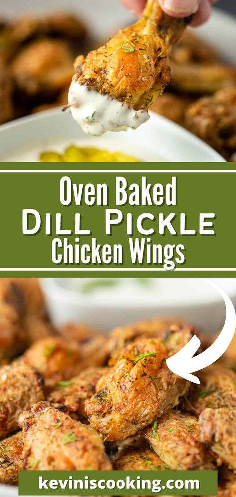 This recipe for Oven Baked Dill Pickle Chicken Wings is mouth-wateringly delicious, satisfying, and easy to make. Using simple ingredients already in your pantry, watch these chicken wings go from ordinary to extraordinary. The wings are marinated in a bath of pickle juice for a few hours, rendering them incredibly tender. In fact, you can tenderize all types of meats this way — with simple pickle juice! Chicken Wings In Pickle Juice, Recipes Using Dill Pickle Juice, Different Types Of Chicken Wings, Dill Pickle Dry Rub Chicken Wings, Dill Pickle Brine Recipe For Chicken, Dill Pickle Wing Sauce, Dill Pickle Wings Recipe, Chicken Wing Flavours, Dill Pickle Ranch Chicken Wings