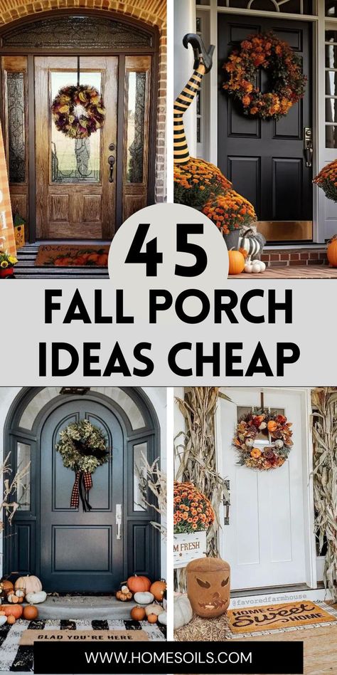 Transform your porch with 45 budget-friendly fall decor ideas, including DIY wreaths, rustic pumpkins, and cozy throws. Create a warm, welcoming space for autumn—find all the ideas on our site! Budget Friendly Fall Porch Decor, Fall Front Port Decor, Budget Fall Porch Decor, Fall Porch Arrangements, Thanksgiving Decorations Porch, Easy Outdoor Fall Decor, Fall Decorations For Porch, Porch Pumpkin Decorating Ideas, Fall Decorating Ideas For The Porch