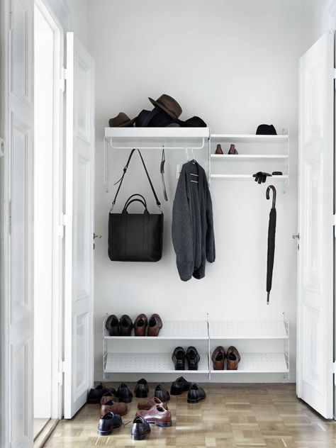 Transform your hall into a welcoming entrance with multifunctional modular furniture, which can be customised to work for your space. #hallway #hallwaystorage #coathooks #shoerack #modularfurniture #realhomes Hallway Shelving, Galvanized Shelves, Coat And Shoe Storage, Shoe Storage Small Space, String Shelf, Entrance Halls, String Furniture, Small Hallway Ideas, Hallway Inspiration