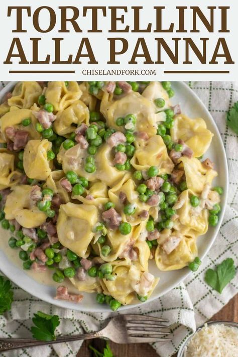 This tortellini alla panna or "tortellini with cream" is a rich and comforting pasta dish made with prosciutto and peas. #torretlliniallapanna #tortellini #pasta | chiselandfork.com Ham And Peas Tortellini, Ham And Pea Tortellini, Tortellini Alfredo With Ham And Peas, Tortellini With Peas And Prosciutto, Tortellini And Peas, Tortellini Recipes With Peas, Tortellini And Peas Recipe, Tortellini With Ham And Peas, Tortellini Ham And Peas