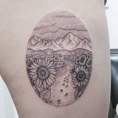 Lisa on Instagram: “I really dont do these little dotwork landscapes often but I do have fun doing them! . . . #tattoo #tattooed #tattooing #ink #tattooart…” Sunflower Field Tattoo, Damask Tattoo, Sunflower Landscape, Lisa Wagner, Seattle Tattoo, Vegan Tattoo, Landscape Tattoo, Harry Potter Tattoos, Sunflower Tattoos