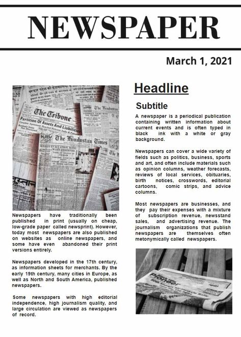 Get a Free Simple Newspaper Template in a few clicks. Download our newspaper template for Google Docs, edit and print it or use digital form. Newspaper Template Editable, Newspaper Article Template, Blank Newspaper, Newspaper Format, Article Template, Pashmina Saree, Google Doc Templates, Newspaper Report, Newspaper Layout