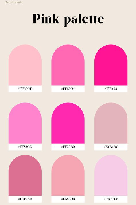 #FFC0CB #FF69B4 #FF1493 #FF83CD #FF29B0 #E4B4BC #DB7093 #F6A5B3 #F6CCE6 Neon Pink Color Palette, Colour Guide, New Paint Colors, Orange Color Palettes, Hex Color Palette, Packaging Ideas Business, Cosmetic Packaging Design, Colors Schemes, Canvas Learning