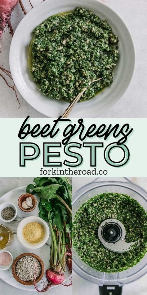 Beet Greens Pesto, a simple no-waste pesto sauce recipe with beet leaves instead of basil. This simple 6-ingredient recipe is ready in only 10 minutes and is a great way to reduce food waste by using beet leaves that would otherwise be thrown away. This recipe is gluten-free and has vegan and nut-free options. Use this pesto on pasta, pizzas, and over roasted vegetables -- the pesto possibilities are endless! Beet Leaf Recipes, Scrap Recipes, Beet Green Recipes, Beet Leaves, Beet Pesto, Easy Pesto Pasta, Pesto Sauce Recipe, Fork In The Road, Recovery Food