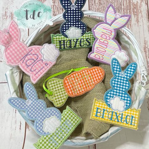 personalize your Easter Baskets with these unique Easter Tags!! Each tag is made to order with quality fabrics and detailed embroidery. Each tag is approzimately 3x6 Choose from: Bunny Bunny in grass Lamb Egg Carrot Message us with special requests!! Each tag includes a matching ribbon. Ribbon style depends on availablity. PRODUCTION TIME ON ALL ORDERS IS ABOUT 2 WEEKS OTHER COLORS CAN BE requested PLEASE PROVIDE THE NAME FOR PERSONALIZATION IN THE NOTES TO SELLER SECTION...AS WELL AS YOUR COLOR Monogrammed Easter Basket, Bunny Carrot, Custom Bunny, Basket Tag, Ribbon Style, Easter Basket Tags, Kids Easter Basket, Easter Tags, Unique Easter