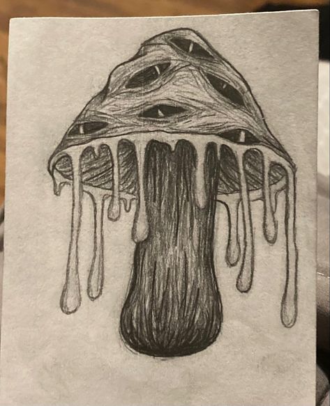 Creepy Mushroom Painting, Weird Mushroom Drawing, Easy And Cool Drawings, Shrooms Drawings, Scary Mushroom Drawing, Weird Drawing Ideas Easy, Shroom Sketch, Dark Pencil Drawings, Surreal Art Drawing Easy