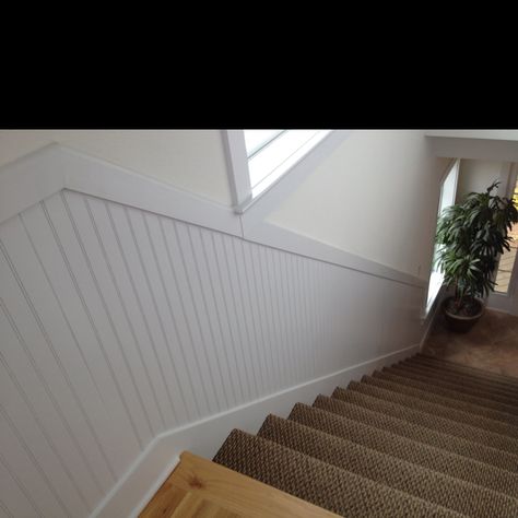 Beadboard stairwell Beadboard Stairwell, Refinish Stairs, Stairwell Ideas, Stair Paneling, Exterior Barn Doors, Stair Walls, Beadboard Wainscoting, Hallway Walls, Dream Dining Room