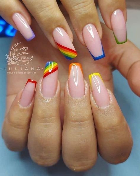 Nail Ideas Acrylic Rainbow, Rainbow Gel Nail Designs, Rainbow Nail Art Short Nails, Rainbow Heart Nails Design, Nails Pride Short, Nail Art Designs Rainbow, Pride Coffin Nails, Pride Gel Nail Designs, Rainbow Nail Ideas For Short Nails