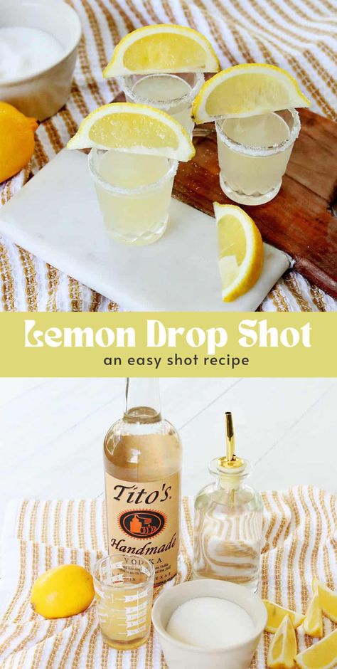 Lemon Drop Shot - A Beautiful Mess Lemondrop Shot Recipe, Chocolate Cake Shot, Easy Shot Recipes, Lemon Drop Shots, Homemade Margaritas, Halloween Party Drinks, Cake Shots, Low Carb Cocktails, Citrus Vodka