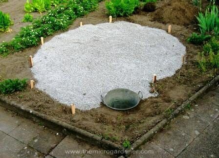 Herb spiral base pegged out, laid with drainage gravel & pond positioned. | The Micro Gardener Tiny Backyard, Ideas Jardin, Herb Spiral, Backyard Food, Spiral Garden, Vertical Garden Design, Vertical Vegetable Garden, Garden Herbs, Vertical Herb Garden