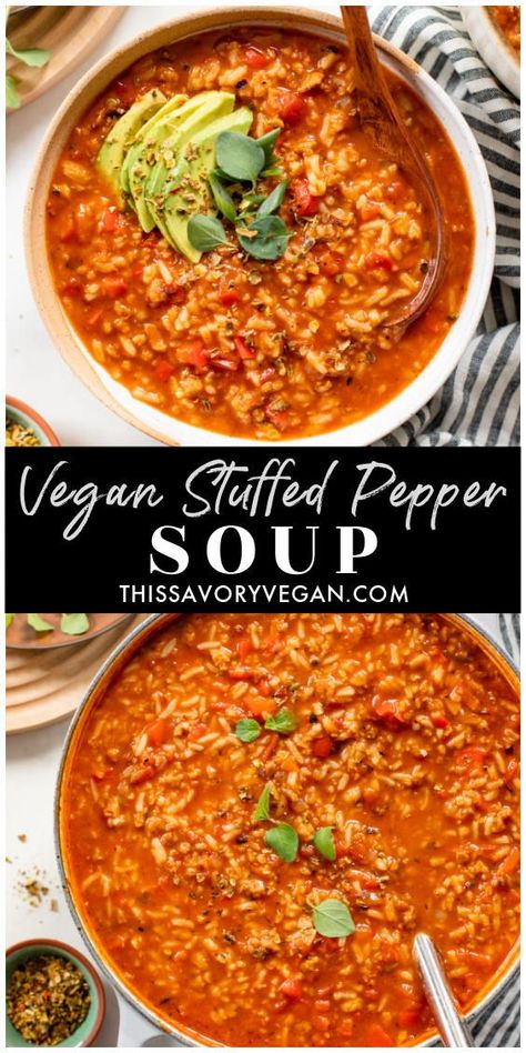 Stuffed Pepper Soup Vegetarian, Simple Vegan Dinner Ideas, Vegan Unstuffed Peppers, Vegan Recipes With Bell Peppers, Vegan Soups Crockpot, Vegan Gf Soup, Vegan Pepper Recipes, Vegan Stuffed Peppers Recipe, Vegan Green Pepper Recipes