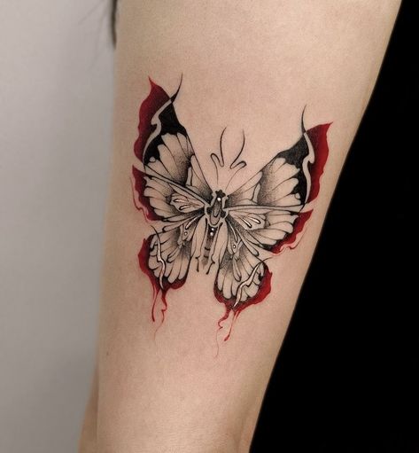 Red Butterfly Tattoo, Tattoo Papillon, A Butterfly Tattoo, Tatuaje Studio Ghibli, Black Butterfly Tattoo, Colorful Butterfly Tattoo, Skeleton Hand Tattoo, Moth Tattoo, Red Ink Tattoos