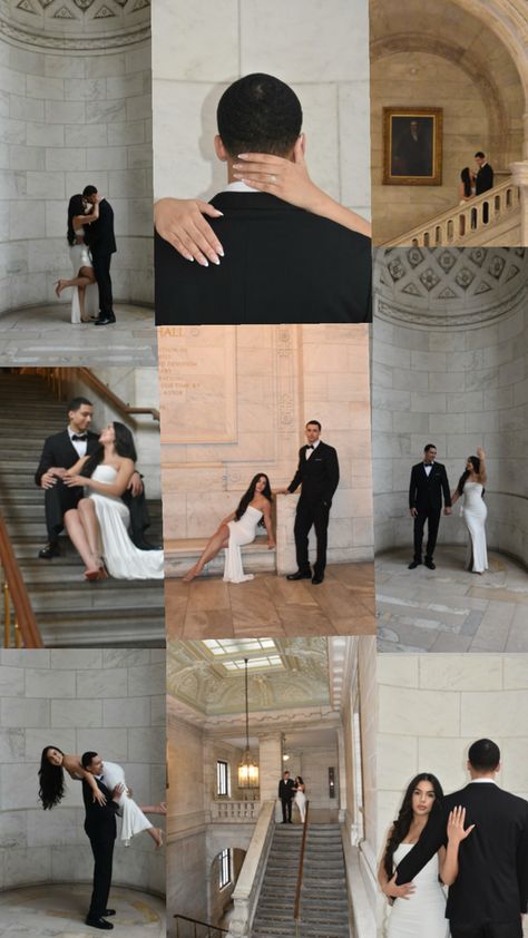 Collage of couple engagement pictures photo ideas for a luxuries engagement announcement Soft Launch Wedding Photos, Couple’s Anniversary Photoshoot, Couple Poses Fancy, Engagement Party Couple Photos, Powerful Engagement Photos, Sophisticated Couple Photoshoot, Brooklyn Bridge Picture Ideas Couple, Vintage Modern Engagement Photos, Engagement Photos In A Museum