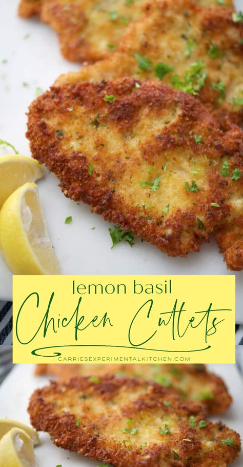 Lemon Basil Chicken Cutlets made with boneless chicken breasts coated in a Panko breadcrumbs, lemon and fresh basil. Lemon Pecorino Chicken Tenderloins, Chicken Cutlets Panko, Lemon Pepper Chicken Cutlets Topped With Greek Salad, Chicken Cutlets With Lemon Sauce, 1 Lemon Recipes, Lemon Panko Crusted Chicken, Lemon Chicken Cutlet Recipes, Crispy Lemon Chicken Cutlets, Breaded Lemon Chicken Recipe