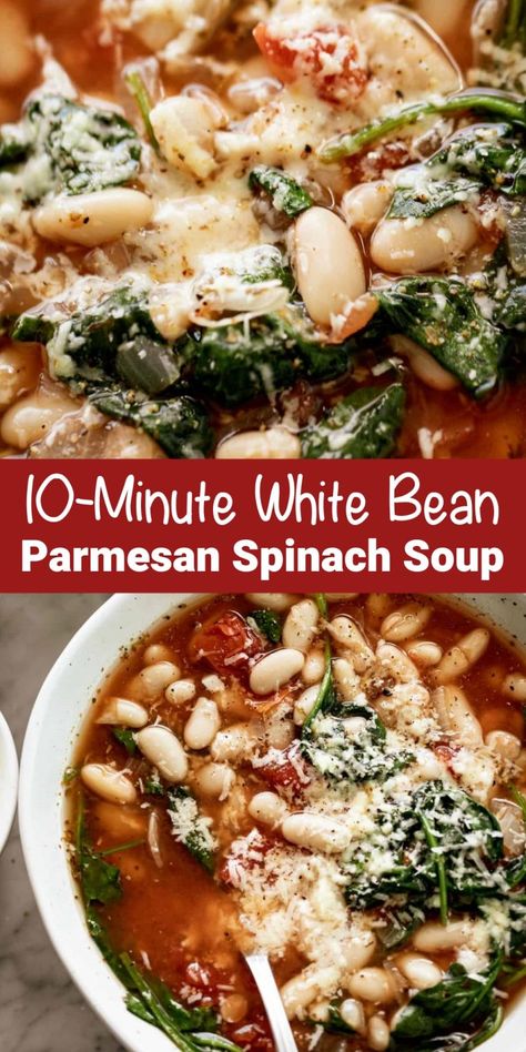 10-Minute White Bean Parmesan Spinach Soup Recipe - CUCINA DE YUNG Parm Soup, Parmesan Spinach, Soup With Spinach, Spinach Soup Recipe, Parmesan Soup, Spinach Soup, Delicious Soup Recipes, White Bean Soup, Hearty Stews