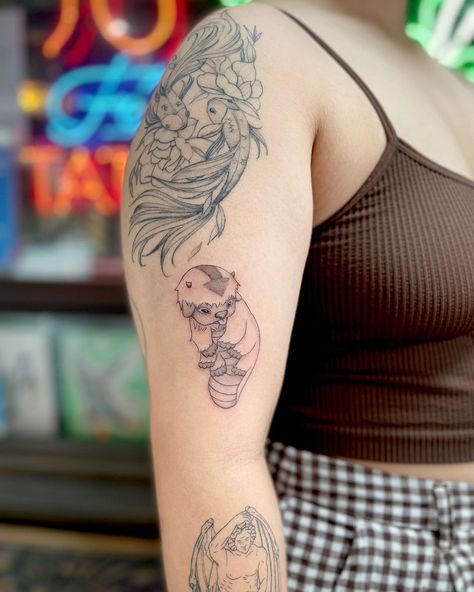 Atla Appa Tattoo, Atla Inspired Tattoo, Avatar Appa Tattoo, Atla Tatoos, Small Tattoos Anime, Atla Tattoo Ideas, Appa Avatar Tattoo, Small Atla Tattoo, Appa Tattoo Design