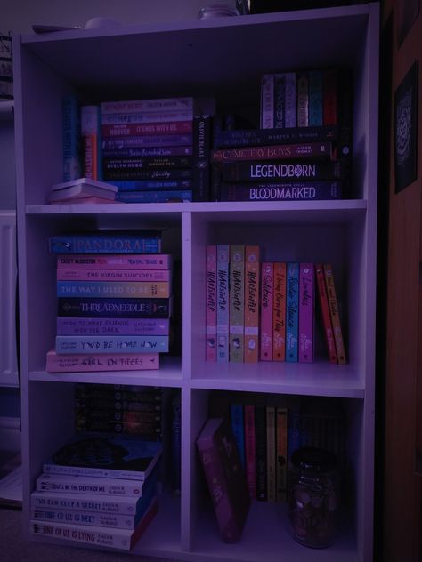 Purple Library Aesthetic, Artist Bedroom Aesthetic, Purple Library, Purple Bookshelves, Book Bedroom, Artist Bedroom, My Bookshelf, Purple Books, Library Aesthetic