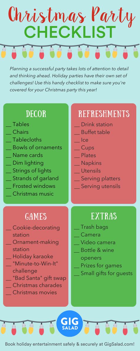 Use this handy Christmas party planning checklist to make sure your celebration doesn't miss a beat! And check out GigSalad.com to find Santa, carolers, bartenders, jazz bands, and more for your holiday party! Christmas Themed Party Decorations, Office Christmas Party Ideas Food, Christmas Party Itenary, Holiday Party Planning Checklist, Christmas Activities For Party, Christmas Party For Work Ideas, Christmas Party Timeline, Christmas Party List Checklist, Community Christmas Party