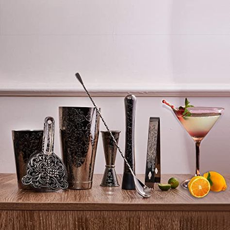 Amazon.com: SKY FISH Bartender Kit Cocktail Shaker Set-7 Pieces Stainless Steel Black Plated Etching Bar Tools With Boston Shaker Tins, Mixing Spoon, Mojito Muddler, Japanese Double Jigger, Hawthorne Strainer: Kitchen & Dining Fish Cocktail, Boston Shaker, Bartender Kit, Cocktail Tools, Bar Tool Set, Cocktail Shaker Set, Bar Spoon, Cocktail Set, Cocktail Shakers