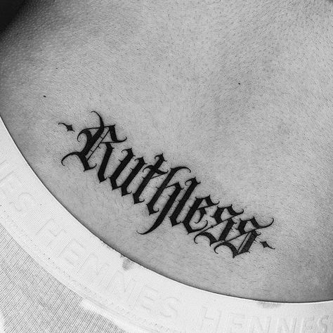 Ruthless Tattoo, Calligraphy Tattoo Ideas, Words On Neck Tattoo, Font Tattoos, Cool Tattoo Lettering, Lettering Drawing, Calligraphy Tattoo Design, Gothic Number Tattoo Fonts, Goth Font Tattoo