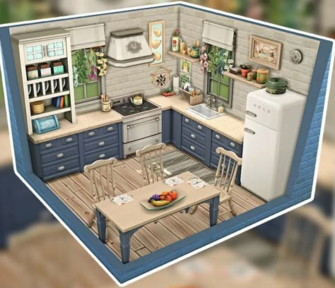 Sims 4 Blue Kitchen, Base Game Sims 4 Kitchen, Sims 4 Small Kitchen Ideas, Sims 4 Kitchen Ideas Modern, Sims 4 Coastal House Interior, Sims Base Game Rooms, Sims 4 Family Kitchen, Sims 4 Willow Creek Map Layout Ideas, Sims 4 Cozy Kitchen