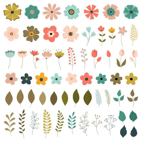 Download this Premium Vector about A set of flowers leaves branches foliage berries, and discover more than 15 Million Professional Graphic Resources on Freepik Simple Floral Pottery Painting, Flower Design Pottery, Simple Flower Pattern Illustration, Simple Flowers Design, Digital Floral Art, Flower Painting Pattern, Ceramic Painting Patterns, Patterns For Pottery Painting, Pottery Painting Design Ideas