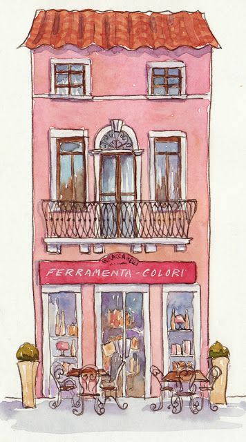 Everyday Artist: Sketchbook Journeys: Italy - Day 3 (Sandrigo) Italy Sketches, Watercolor Architecture, Building Illustration, Shop Illustration, Artist Sketchbook, Artist Blog, Building Art, 수채화 그림, Cat Air