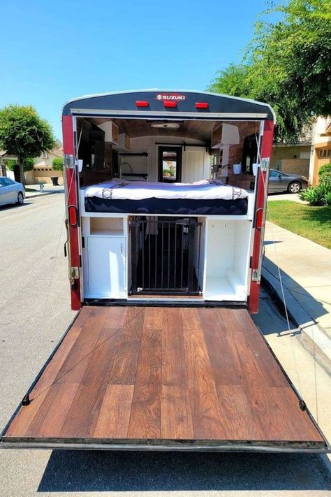 Begin tiny living in this converted utility trailer that is made for stealth camping or stealth tiny living in comfort! A unique hand crafted tiny home like this is a studio style with small kitchenette and bathroom alongside the elevated bed and simple seating. Diy Campers From Utility Trailer, Small Trailer Living, Stealth Camper Trailer, Cargo Conversion Campers, Utility Trailer Camper Conversion, Diy Cargo Trailer, Small Enclosed Trailer, Converted Cargo Trailer, Utility Trailer Camper