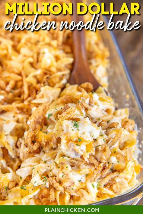 Million Dollar Chicken Noodle Bake – GREAT weeknight chicken casserole. Super easy to make and tastes like a million bucks!! Can make ahead and freeze for a quick meal later! Egg noodles, cooked chicken, cottage cheese, cream cheese, cream of chicken soup, sour cream, onion, garlic, cheddar cheese, and french fried onions. Everyone cleaned their plate and went back for seconds! Chicken Noodle Bake, Food Casseroles, Chicken And Egg Noodles, Million Dollar Chicken, Noodle Bake, Egg Noodle Recipes, Chicken Noodle Casserole, Plain Chicken, Cream Of Celery Soup