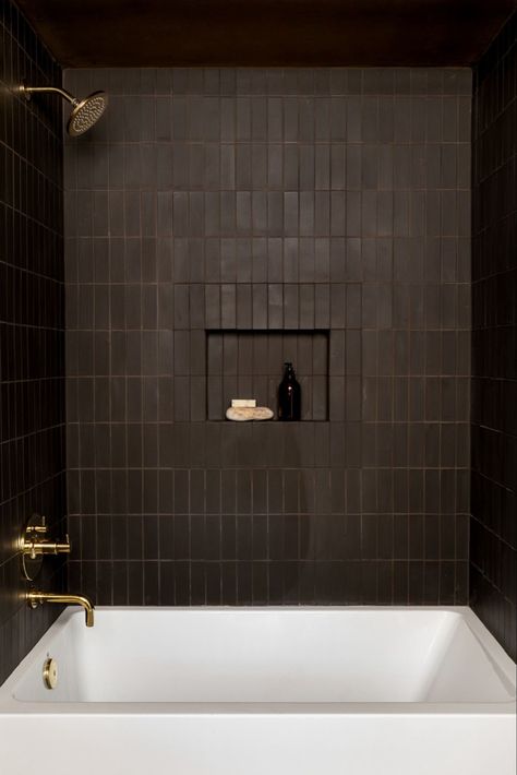 Robert Mckinley, Black Tile Bathrooms, Glam Living Room Decor, Subway Tiles Bathroom, Glam Living, Glam Living Room, Brown Bathroom, Boys Bathroom, Black Tiles