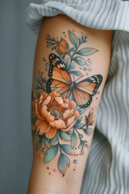 Floral Tattoos For Women Forearm, Sunflower And Butterfly Tattoo Forearm, Feminine Tattoo Sleeves Color, Women Sleeve Tattoo Ideas Flowers, Butterfly And Flowers Tattoo Designs, New Beginnings Tattoos For Women, Tattoo Coverups For Women, Women’s Arm Tattoos, Flower Half Sleeve Tattoos For Women